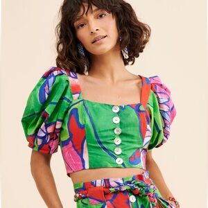 NWT FARM Rio Tropical Bunch Puff Sleeve Crop Top | Size Small